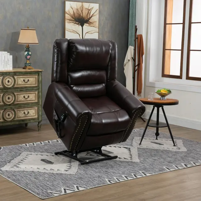 Dark brown leather power lift chair raised on its lift base