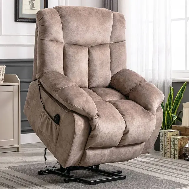 Beige fabric power lift recliner chair in a living room